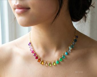 - Rainbow Multi Gemstone Necklace in Gold Filled, Precious Drop Necklace